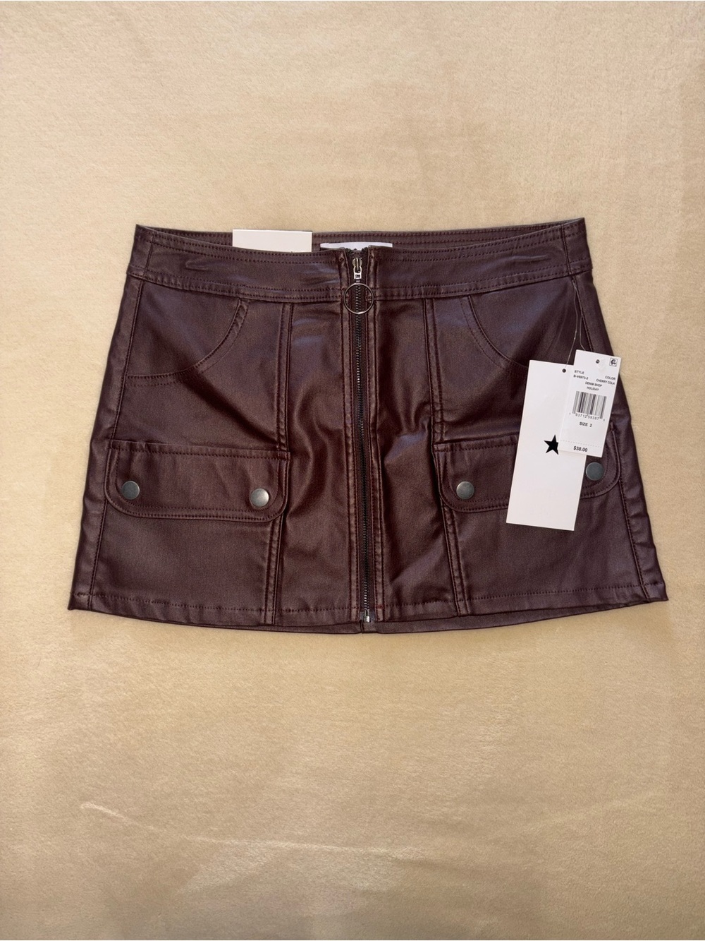 Vanilla Star Faux Leather Mini Skirt in Cherry 🍒 Cola Brown with Front Zip